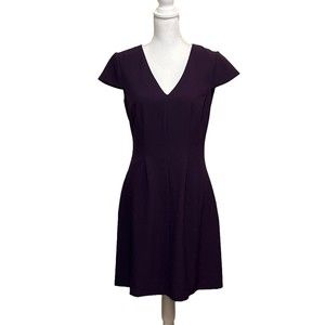 Eliza J Dark Purple Lined V-Neck Short Sleeve Zipper Closure Dress Sz 8 Women's